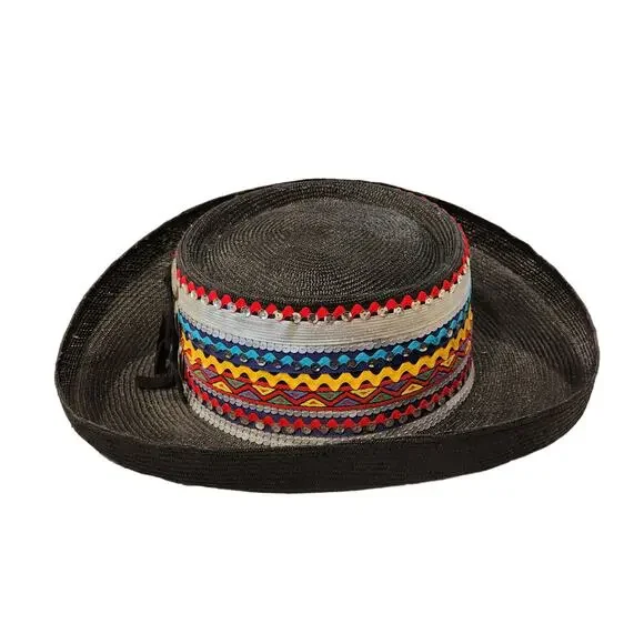 Vintage Southwest Statement Straw Hat Black Western Concho Festival Cowgirl Rare - Picture 9 of 13